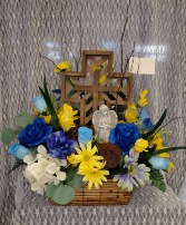 Wood Cross w/ Angel and Silk Flowers 