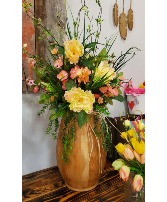 Wood vase arrangement silk flower 