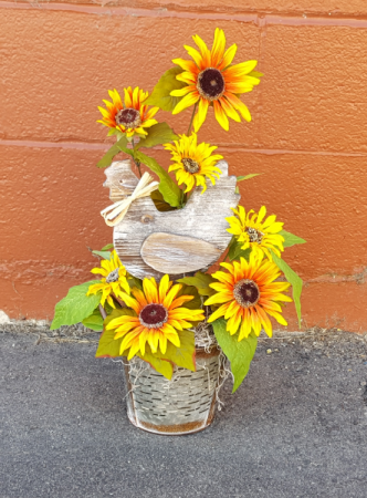 Silk Wooden chicken, sunflowers in a tin container Silk flower arrangement
