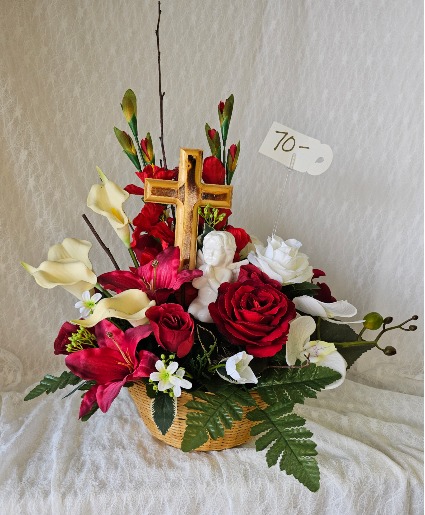 Wooden Cross Basket w/ Praying Cherub Angel 