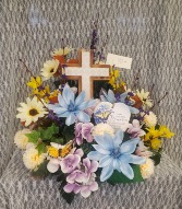 Wooden Cross w Heart Plaque & Silk Flowers 