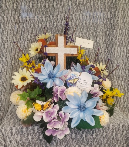 Wooden Cross w Heart Plaque & Silk Flowers 