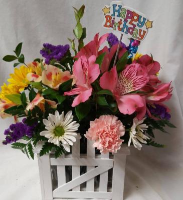 WOODEN PICKET FENCE CONTAINER FILLED WITH SUMMER FLOWERS AND HAPPY BIRTHDAY PIC!