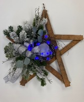 Wooden Star w/ blue lights Permanent botanical