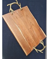 Wooden Tray, Gold Antler Handles 