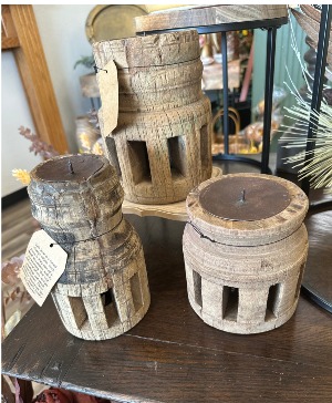 Wooden Wagon Wheel Candle Holders $82.00 Large $62.00 Medium $62.00 Small