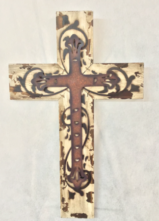 Wooden White Wash Cross with Metal Gift