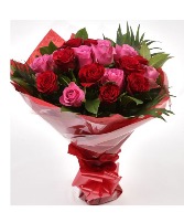 Wrapped Pink and Red Roses Bouquet -- NO VASE 