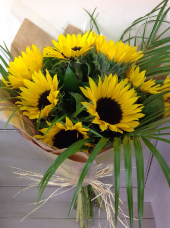 Wrapped Sunflowers  Hand Tied Vase Ready Bouquet