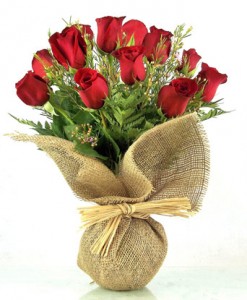 Wrapped Vase Bouquet Dozen Roses Arrangement