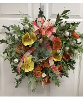 Wreath in Yellows, Orange, and Pink Permanent botanical 