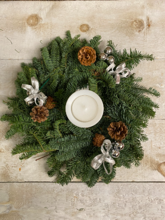Wreath Table Centerpiece with pillar candle Wintery Gift  in Toronto, ON | THE NEW LEAF FLOWERS & GIFTS