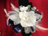 Wrist Corsage Beautiful silk white rose wrist corsage with double ribbon and sones.