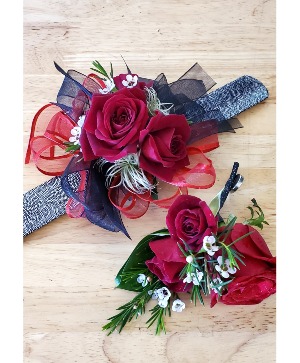 Wrist Corsage, red and black corsage
