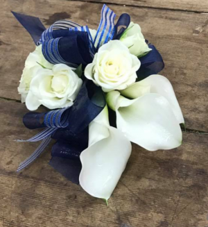 Ivory Calla Lily and Gold Glitter Ribbon Corsage Wrist Corsage
