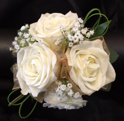 Wristlet W White Spray Roses Gold Ribbon Prom In Lewiston Me Blais Flowers Garden Center