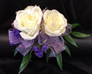 Wristlet w/ white spray roses & lavender ribbon Prom