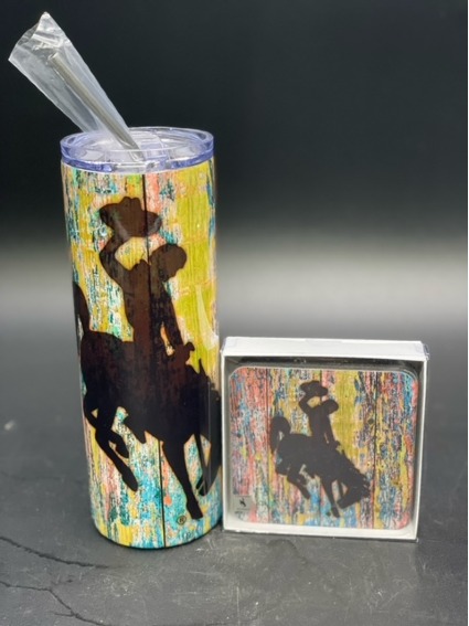 Wyoming Cowboy Tumbler and Coaster Set 