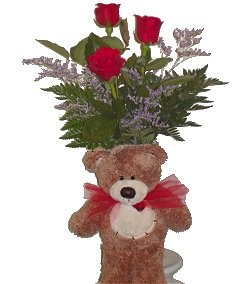 Oxford Flower's I Love You Beary Much Bouquet 3 Red Roses in a Vase. and a Mediium sized Bear. All for 38.00!