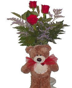 Oxford Flower's I Love You Beary Much Bouquet 3 Red Roses in a Vase.  and a Mediium sized Bear. All for 50.00!