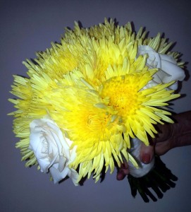 Yellow Anastasia Mums and white rose bouquet 