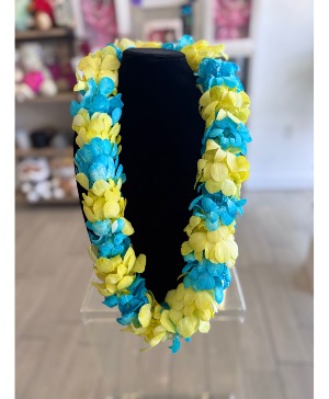 Yellow and blue lei  