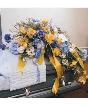 Yellow and Blue Roses Casket Spray 