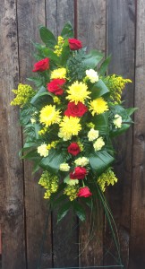 Yellow and Red Tribute Standing Spray of Funeral Flowers