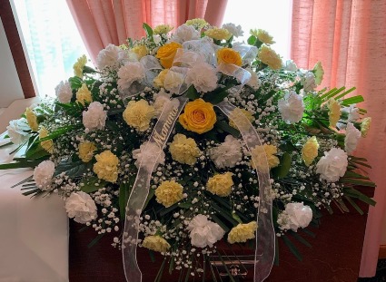 Rose and Carnation in yellow and white Casket Spray