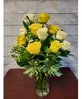Yellow and White Roses Vase Arrangement