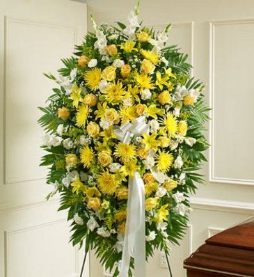 Sympathies Standing Spray- Yellow and White Sympathy/Funeral in Elyria, OH | PUFFER'S FLORAL SHOPPE, INC.