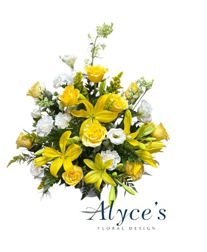 Yellow and White Sympathy Basket Roses, Liles, Solidago, carnations, Lisianthus, larkspur, mixed greens