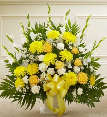 Yellow and White Sympathy Floor Basket Funeral Flowers