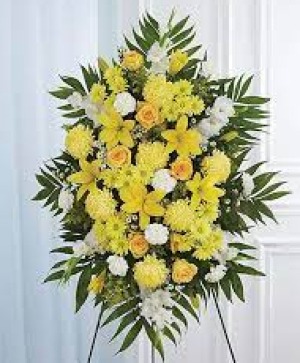 yellow and white sympathy standing spray WE CAN MODIFY COLORS ACCORDINGLY  TO YOUR REQUEST 