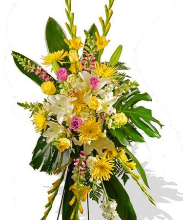 YELLOW EXOTIC STANDING SPRAY FUNERAL PC GOOD FOR FUNERAL AND MEMORIAL SERVICES 
