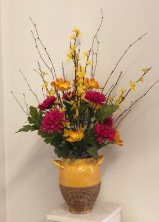 Yellow orange and hot pink Silk arrangement