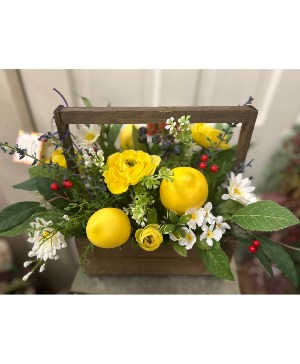 Yellow, red and blue wooden box 