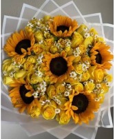 Yellow roses and sunflowers wrapped bouquet  Any occasion 