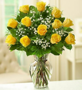 Yellow Roses & Babies Breath Vase Arrangement