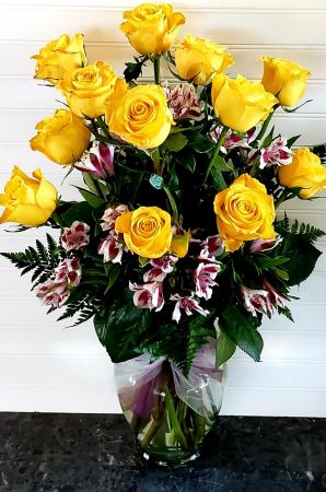 Yellow Roses & Purple Lilies Exclusively at Mom & Pops