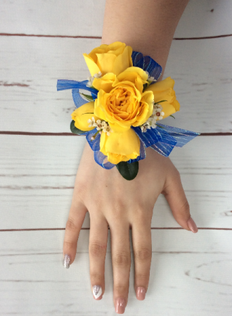 YELLOW SPRAY ROSE with blue ribbon WRIST CORSAGE