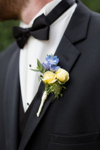 Yellow Spray Roses and Delphinium Boutonniere