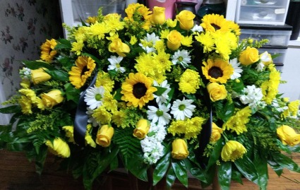 Yellow & White Casket Spray with Sunflowers 