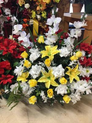YELLOW AND WHITE ARTIFICIAL FLOWER FLOOR BASKET FUNERAL