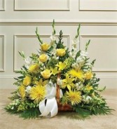Yellow & White Mixed Fireside Basket Funeral - Sympathy