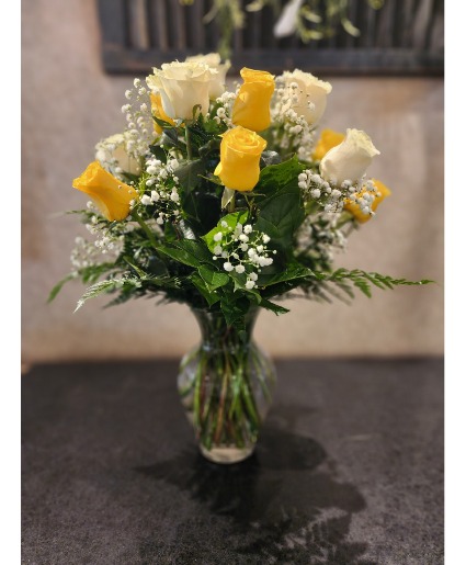 Yellow & White Roses Vase Arrangement