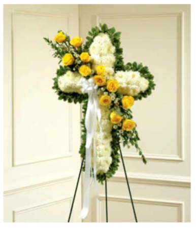 Yellow & White Standing Cross With Yellow Rose Bre 