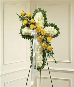 Yellow & White Standing Cross w/Yellow Rose Break Funeral