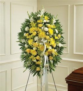 Yellow & White Sympathy Standing Spray Funeral in Crestview, FL | The Flower Basket Florist Yellow & White Sympathy Standing Spray Funeral in Crestview, FL | The Flower Basket Florist