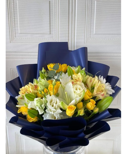 Yellow & White Wrapped in Navy Blue  